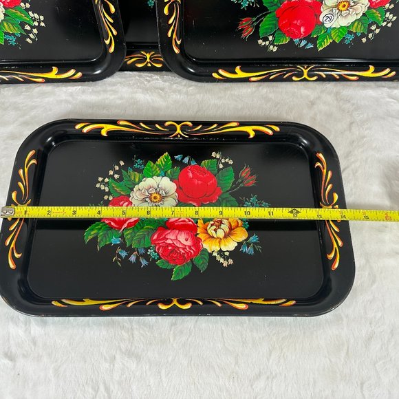 Vintage Set (5) Metal Toleware Snack Tip Tray Hand Painted Floral Flowers 1950's - Picture 7 of 9
